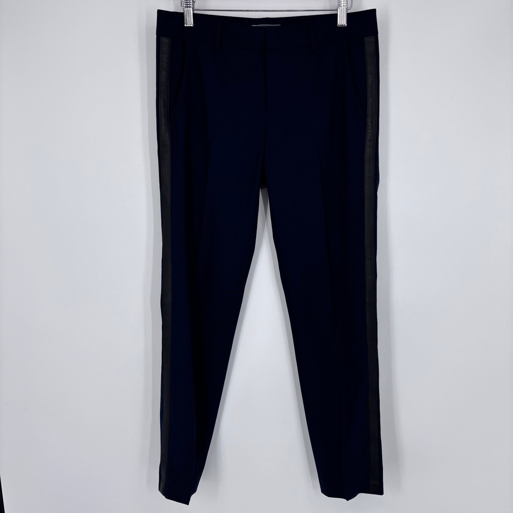 Vince Leather Trim Tuxedo Pants Womens 4 Navy Wool Lamb Leather Dress Slim